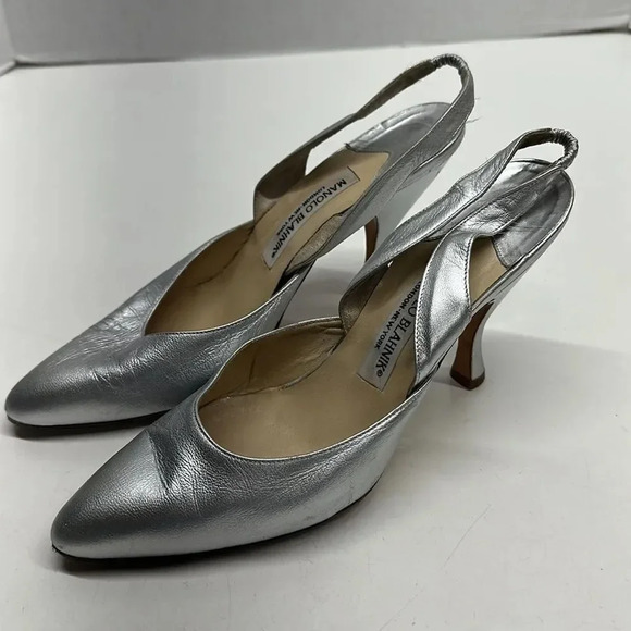 Manolo Blahnik Metallic Silver Slingback Heels - Picture 2 of 14